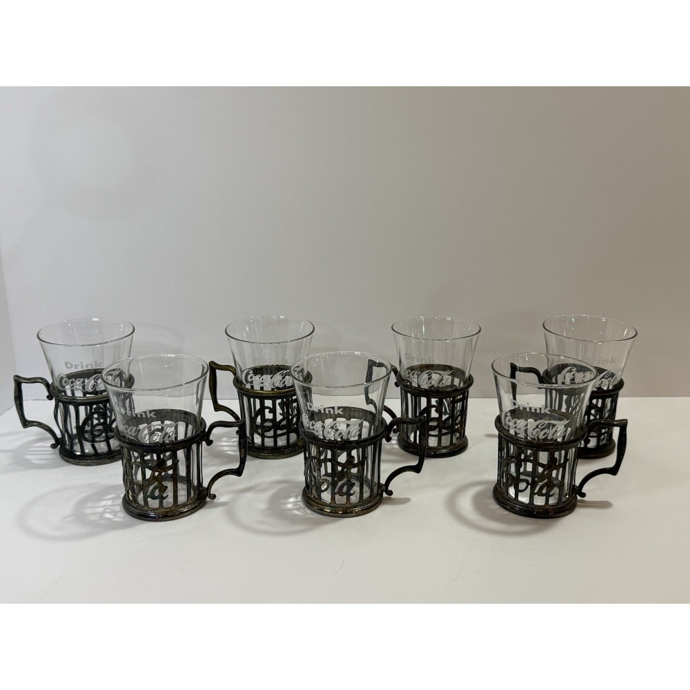 Vintage Coca-Cola Soda Fountain Etched Mini Glasses (7) With Pewter Holder 1973